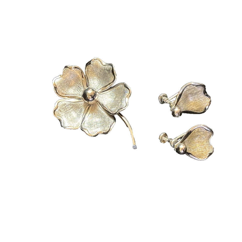 Vintage Van Dell Sterling Flower Brooch & Flower Petal Screw Back Earrings Set